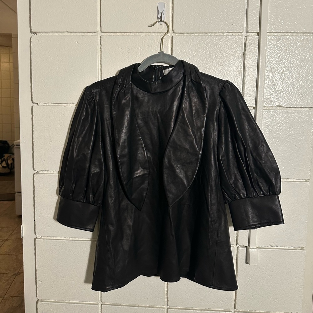 Frame Leather High Neck Puff Sleeve Top with Neck Ties